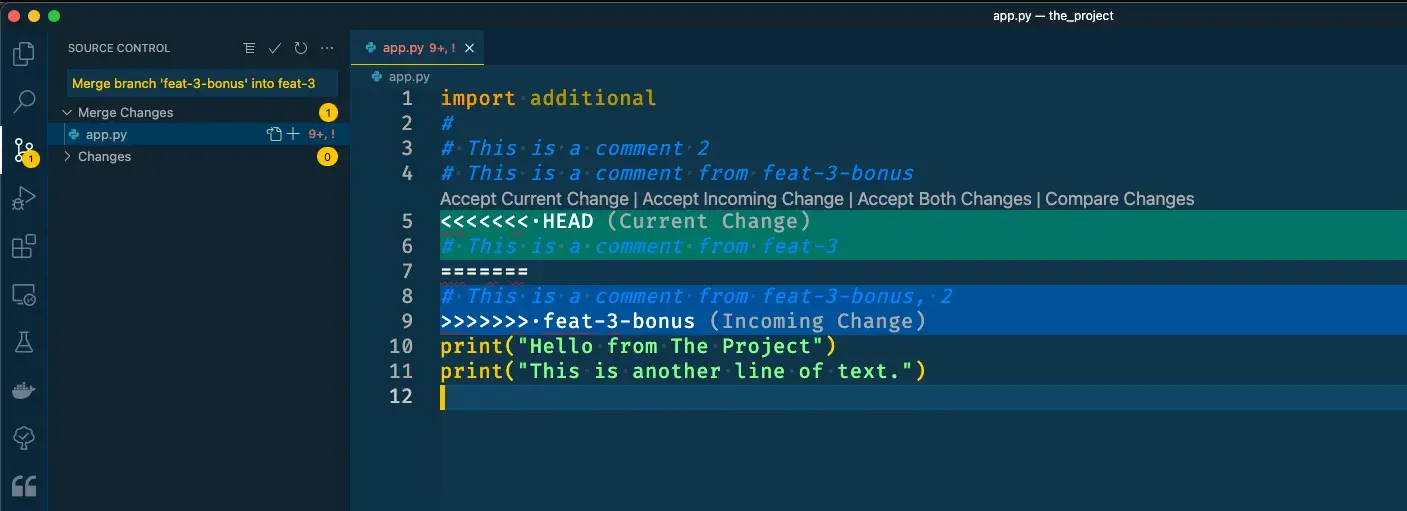 VS Code Source Control and merge conflict